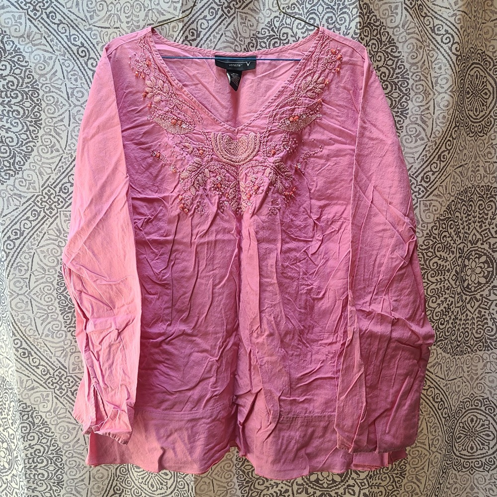 Venezia Tunic Blouse Women 14/16 Pink Embroidered Beaded V-Neck Long Sleeve Boho